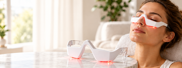 Mujer relajada con gafas de luz roja junto a otras gafas sobre una mesa de mármol