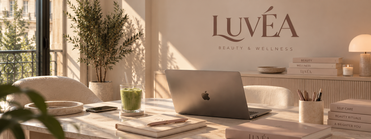 Estudio luminoso de LUVÉA con el logo Beauty &amp; Wellness en la pared